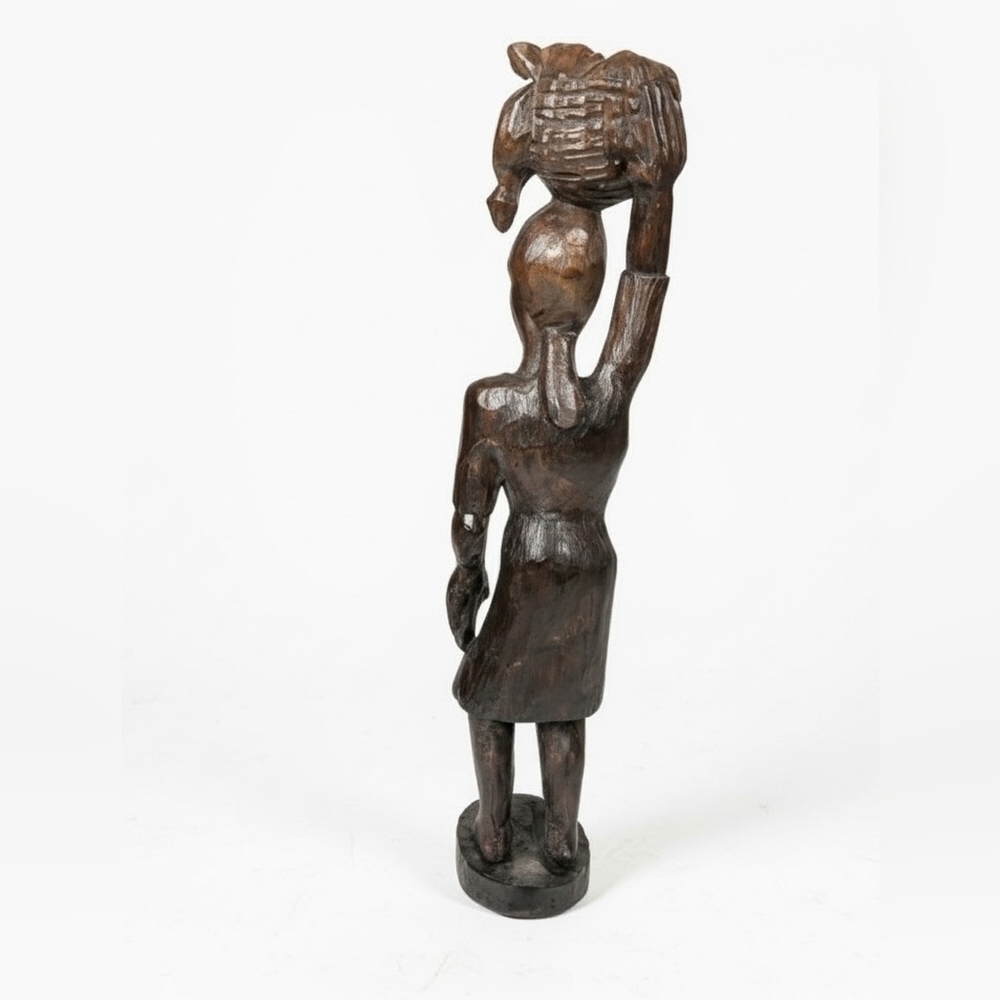 African Sculpture Tribal Woman Basket on Head Wood Carving 27" - Picture 4 of 4